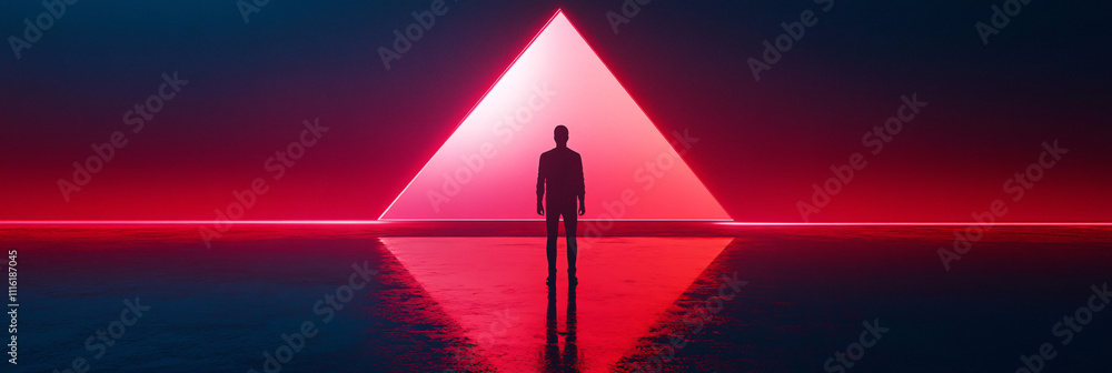 Poster a geometric figure standing in front of a large glowing screen, symbolizing remote assistance in a m