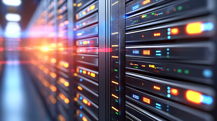 Close-up of colorful LED lights on high-performance server units in a cutting-edge data center.