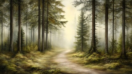 Fototapeta premium Misty Forest Path Winding Through Tall Trees