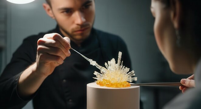 Artistic chef adding final touch to exquisite dessert