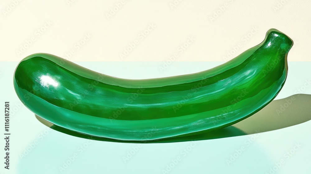 Poster glossy green banana-shaped object on a minimalist background highlighting its unique design and vibr