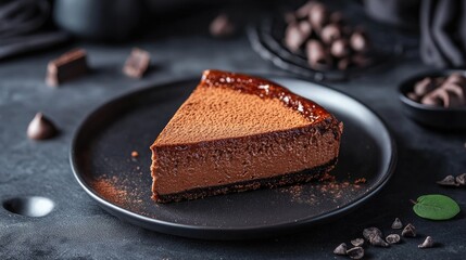 Decadent slice of chocolate creme brulee cheesecake with a rich texture and smooth finish, perfect for dessert lovers. Abundant visual appeal with ample copy space.