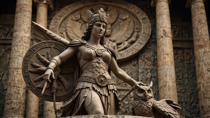 Obraz premium Statue of Athena, the goddess of wisdom and war, holding a shield and spear with both hands, dressed in armor, with an owl flying behind her, set against a backdrop of a battlefield and symbols of wis