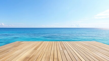 Fototapeta premium Wood deck extends toward a serene blue sea, harmonizing with minimalist design. This tranquil scene of a wood deck offers ample space for creative use in your projects.