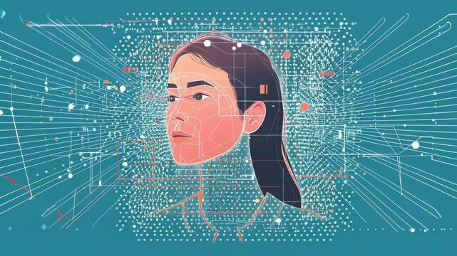 Face with digital geometric lines and shapes, representing technology and facial recognition in a modern style.