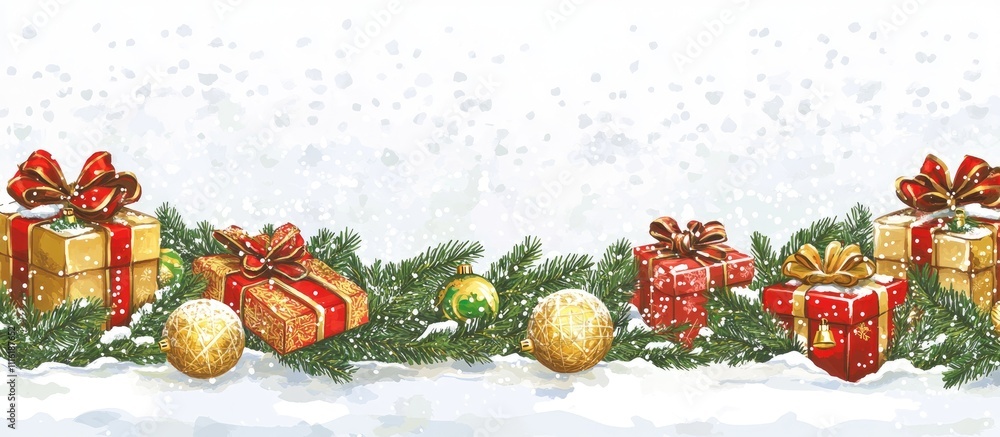 Poster christmas backdrop with green branches and golden decorations on snow with gifts creating a festive 