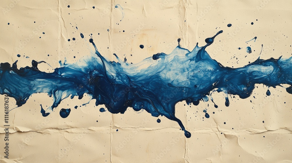 Aufkleber blue ink splashes on textured recycled paper creating an artistic abstract background with vibrant s