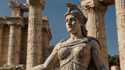 Obraz premium Statue of Athena, the goddess of strategy and wisdom, holding a shield and spear with both hands, standing in front of the ruins of Athens, with a backdrop of ancient columns and glorious battle scene