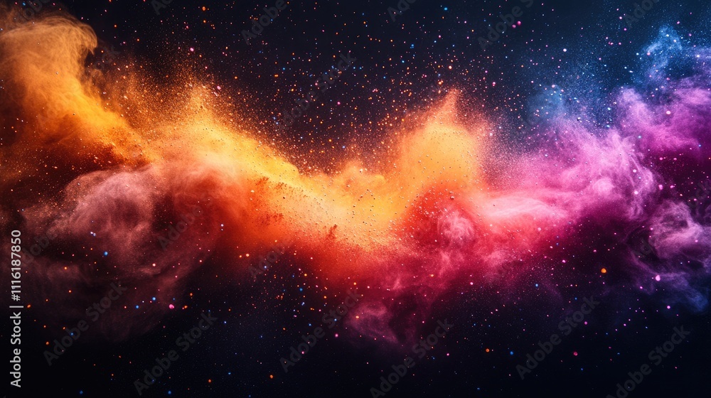 Poster vibrant abstract background featuring splattered color powder in freeze motion, creating a dynamic e
