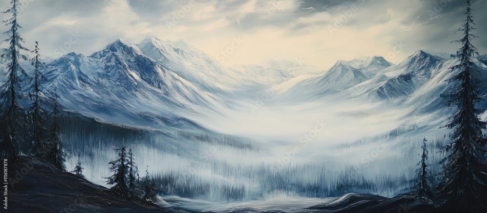 Poster majestic snow-capped mountains at dawn surrounded by mist and evergreen trees creating a serene wint