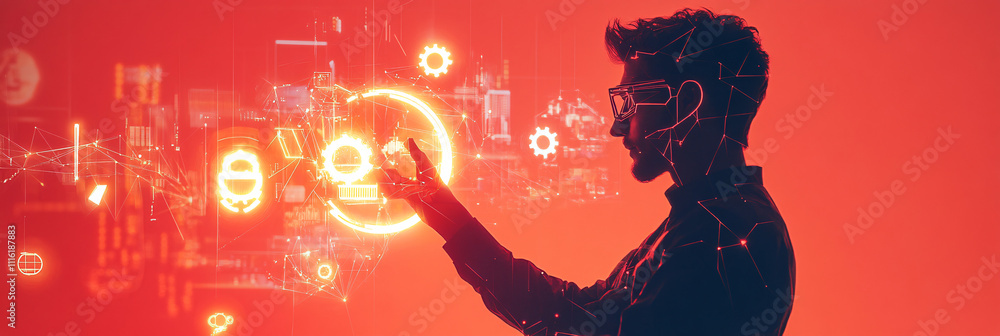 Poster a geometric it guy holding a glowing tool icon, with minimal floating settings and gear symbols repr