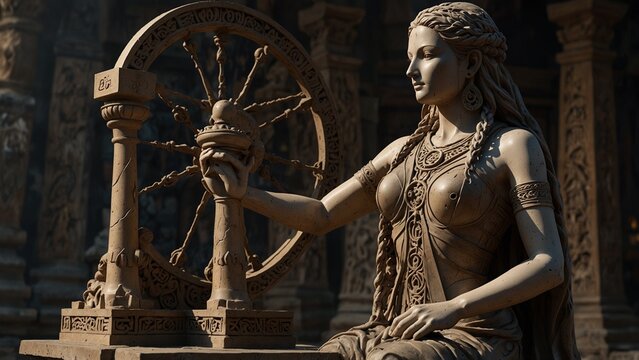Statue of Moirai, the goddesses of fate, holding the threads of fate in both hands, standing next to the wheel of destiny, with a backdrop of the hourglass and symbols of time passing, with carvings d