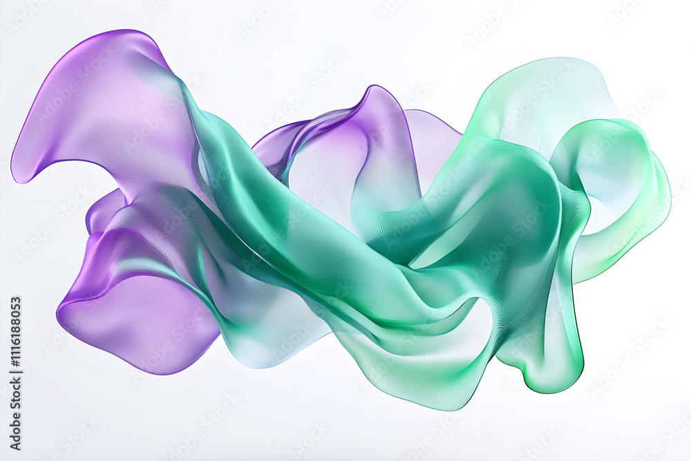 Poster abstract flowing translucent shapes in green and purple hues with smooth curves and gradients on a w