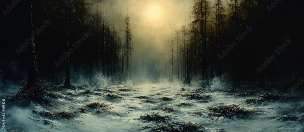 Aufkleber misty forest landscape with tall trees illuminated by soft sunlight creating a serene and enchanting