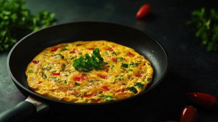 Healthy and delicious breakfast featuring a vibrant omelet with vegetables and herbs in a frying pan against a dark background, perfect for a cooking banner with ample copy space.