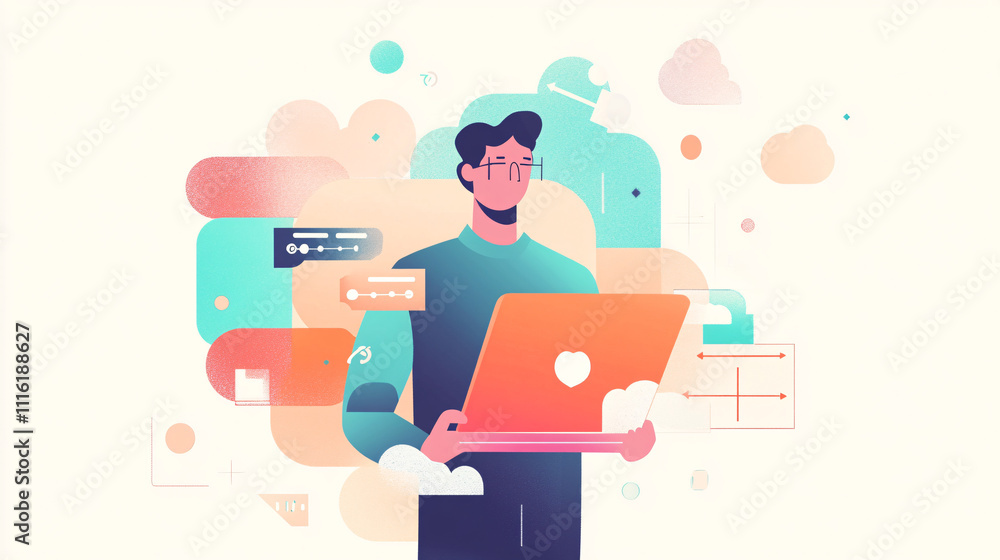 Poster a geometric man holding a laptop, surrounded by minimal tech elements like floating clouds and tool 