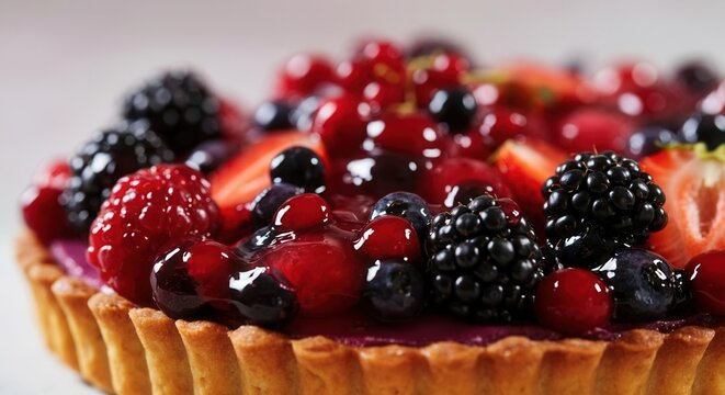 Fresh mixed berry tart closeup with vibrant colors