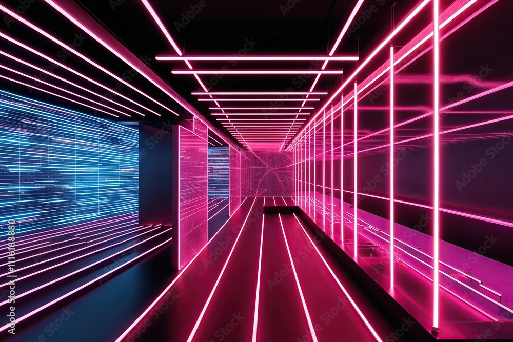 Poster three-dimensional luminous neon abstract environment with ascending lighting lines