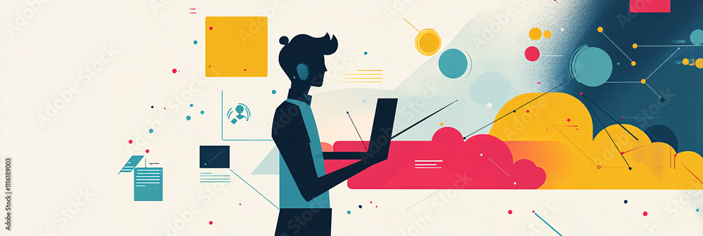 Aufkleber a geometric man holding a laptop, surrounded by minimal tech elements like floating clouds and tool 
