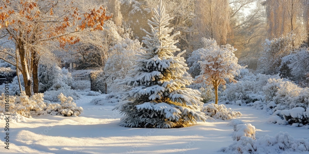 Poster a garden blanketed in snow features an evergreen tree adorned with frost, providing an area perfect 