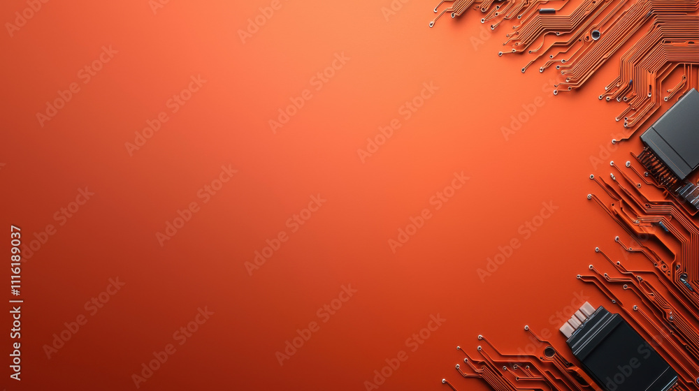Poster a vibrant orange background with intricate circuit patterns and components, showcasing technology an