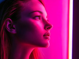 Close up of girl under pink neon light at night in profile