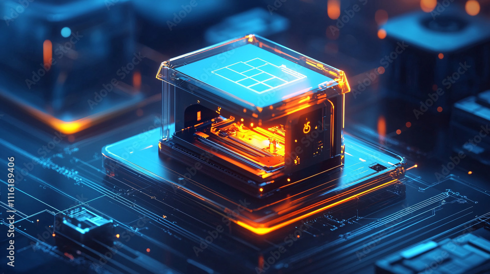 Poster a glowing 3d printer icon with data layers representing online manufacturing, custom product design,
