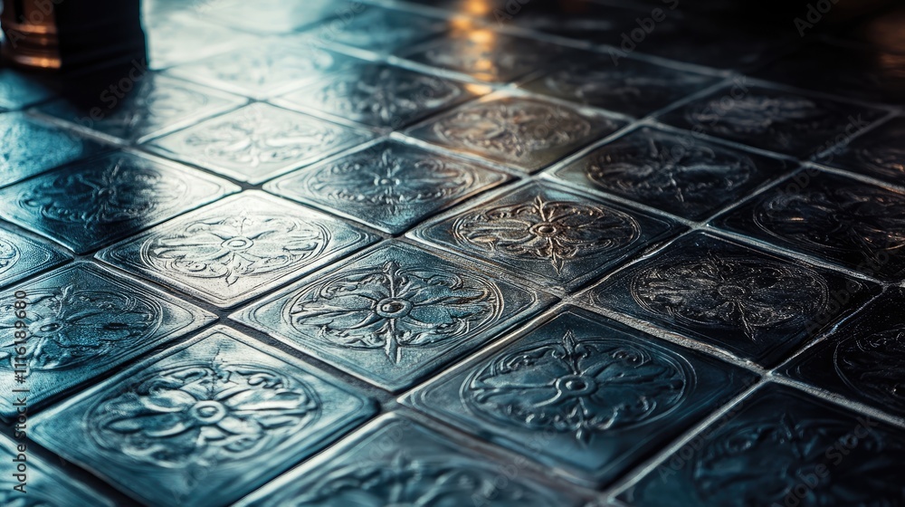 Poster close-up view of a dark vintage tiled floor, capturing the intricate patterns and textures. the dark