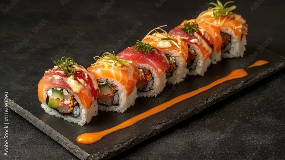 Poster flat lay composition of assorted sushi rolls arranged on a dark slate board, with ample copy space t
