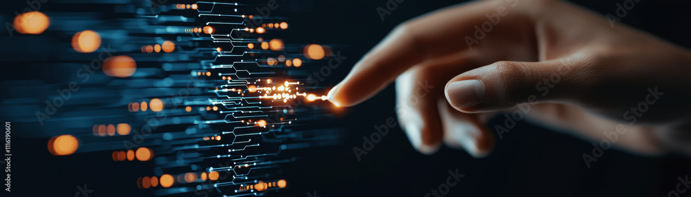 Poster a hand reaches out, connecting with digital data streams, symbolizing interaction between humans and