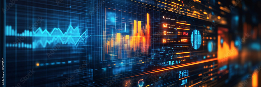 Poster a glowing analytics dashboard icon with floating charts and data streams, symbolizing online busines