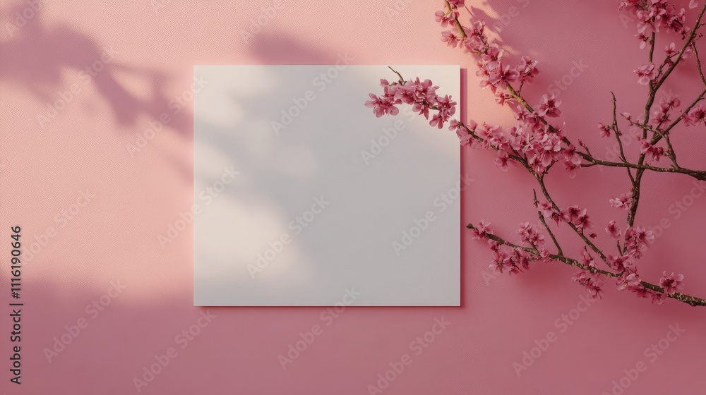 Aufkleber front view of a horizontal white poster mockup placed against a pink wall, ideal for displaying desi