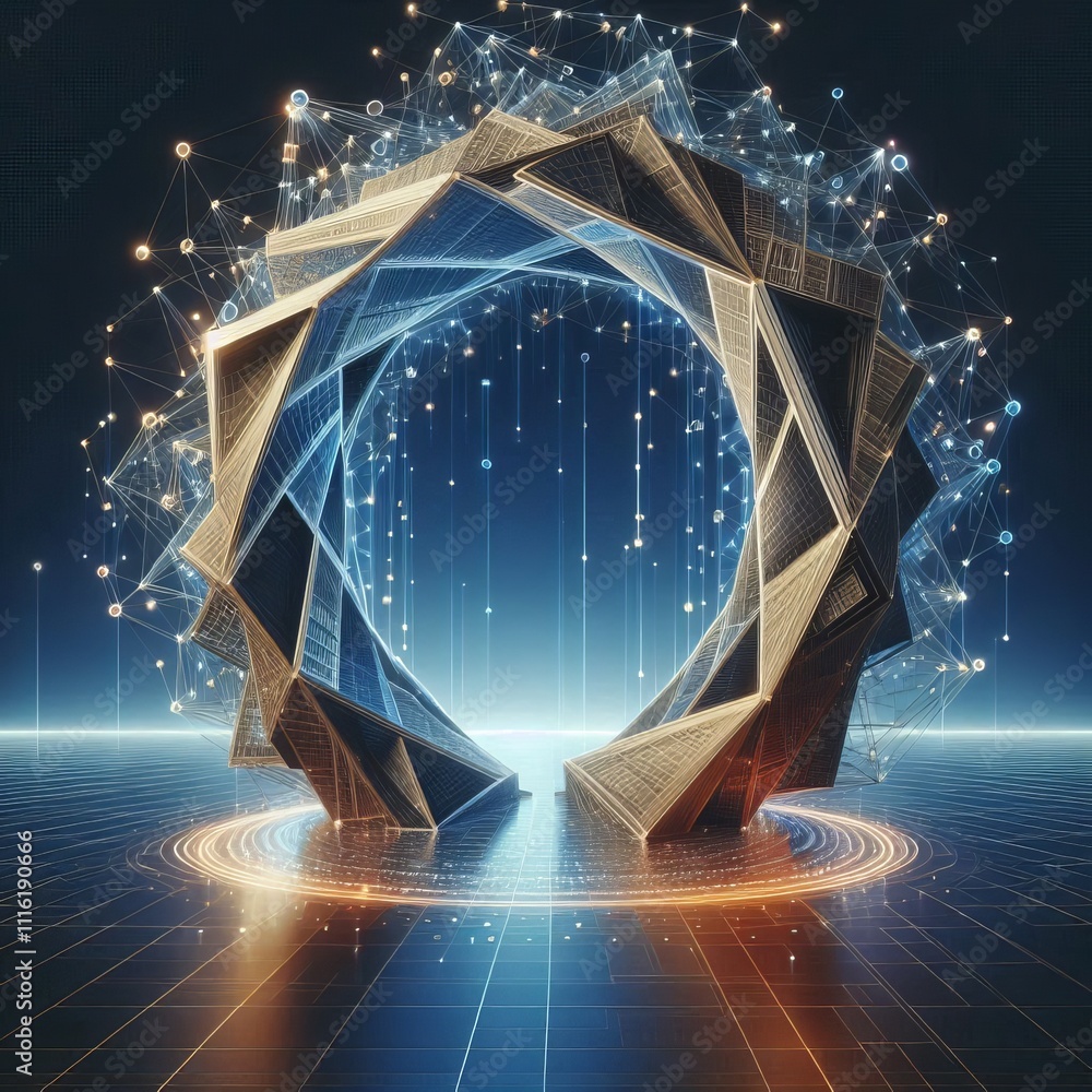 Poster geometric portal a futuristic gateway like structure representin