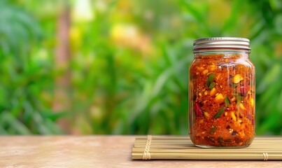 A jar filled with colorful, homemade salsa sits on a bamboo mat, surrounded by lush greenery, highlighting a fresh and vibrant culinary experience.