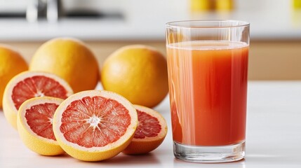 A refreshing glass of blood orange juice surrounded by fresh blood oranges, perfect for a healthy and vibrant drink option.