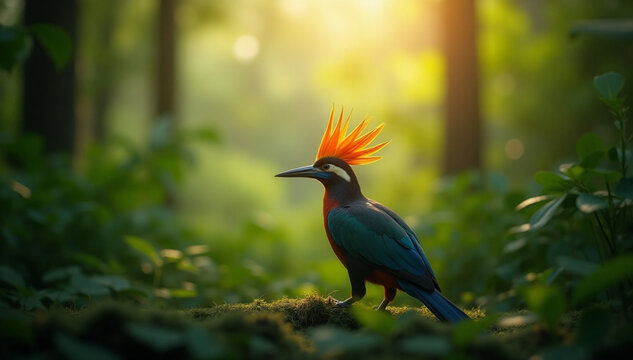 A bird of paradise stands amidst the lush greenery of a vibrant morning forest, the soft light filtering through the trees casting a warm glow