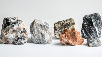 Natural stone displayed on a white background, highlighting the beauty of marble and granite. This image emphasizes the unique textures of natural stone, offering ample copy space.