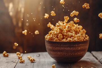 A close-up of caramel popcorn overflowing from a rustic bowl on a wooden table, with copy space. Warm light. 