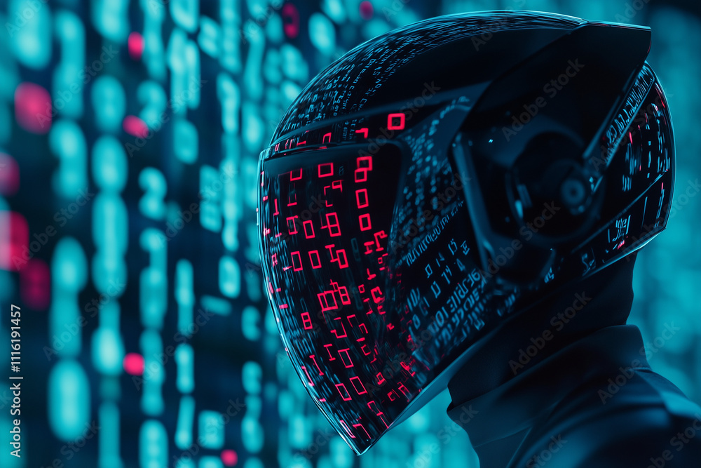 Poster a futuristic helmet symbolizing cybersecurity, surrounded by digital numbers and virtual firewalls
