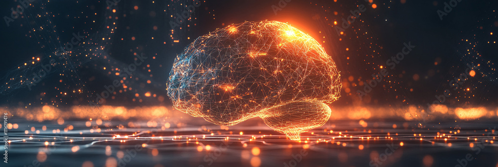 Poster a glowing brain icon connected to a web of neural networks, with data streams representing artificia