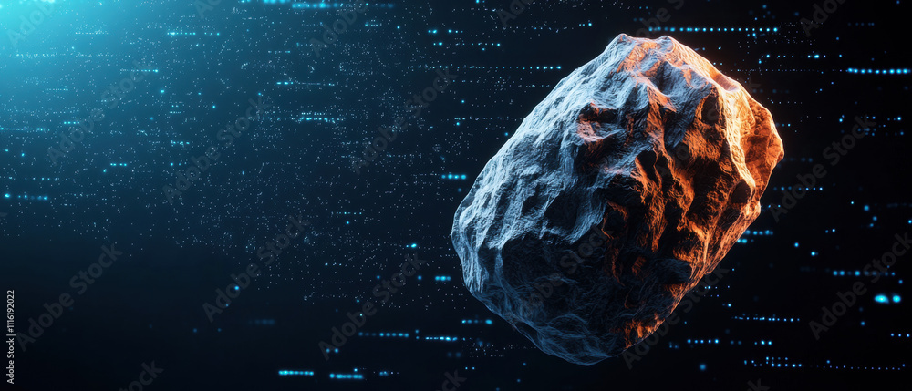 Poster a detailed visual of a space rock floating in a digital, cosmic backdrop, highlighting textures and 
