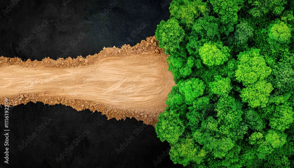 Poster aerial view of a vibrant green forest transitioning to a barren land, highlighting the contrast betw