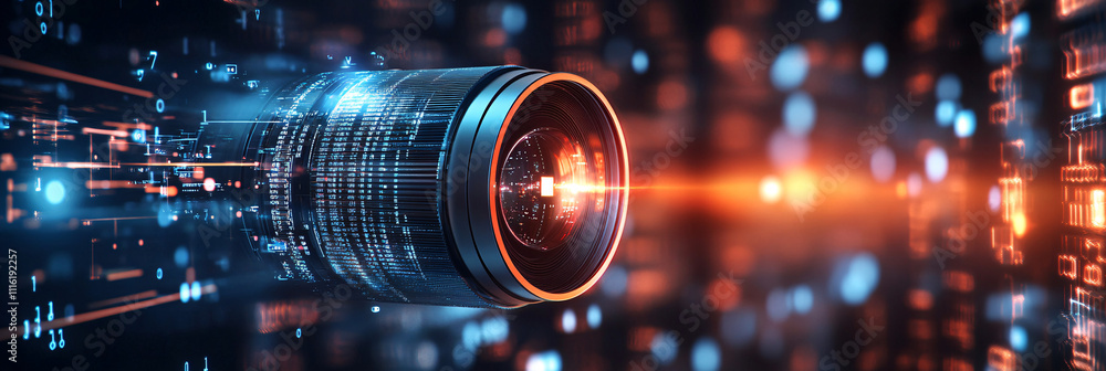 Poster **a glowing camera lens icon with data streams representing real-time video analytics and online str
