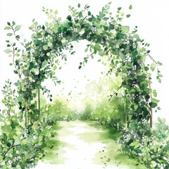 Fototapeta premium lush green archway adorned with leaves and flowers creates serene pathway. This watercolor illustration evokes tranquility and nature beauty