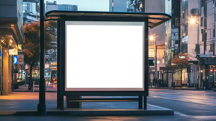 Vertical blank transparent billboard at a bus stop on a city street, ideal for advertising mockups and urban promotion concepts.
