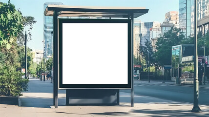 Fototapeta premium Vertical blank transparent billboard at a bus stop on a city street, ideal for advertising mockups and urban promotion concepts.