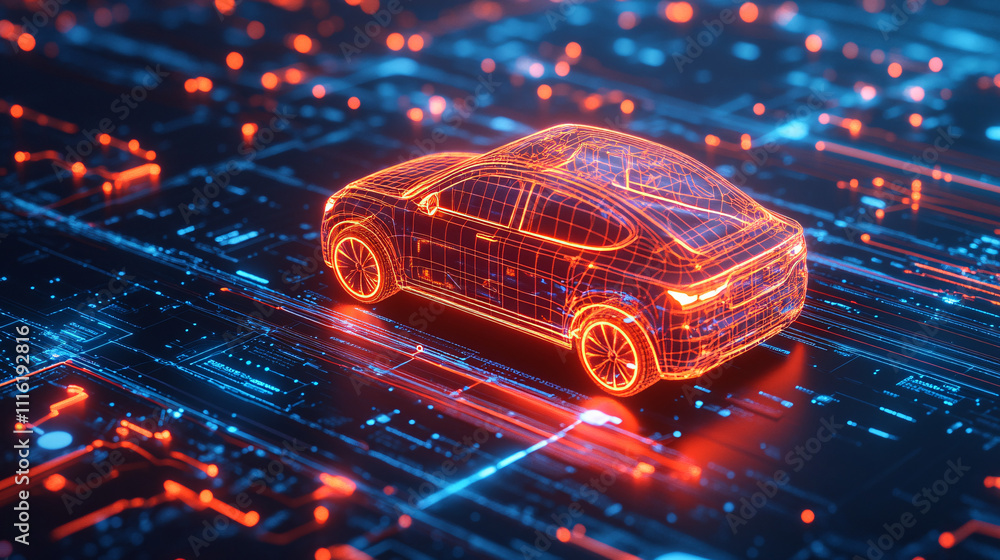 Aufkleber a glowing car battery icon floating in a digital environment, surrounded by data streams representin