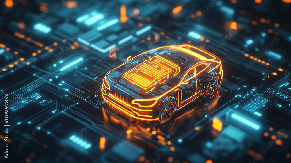 Aufkleber a glowing car battery icon floating in a digital environment, surrounded by data streams representin