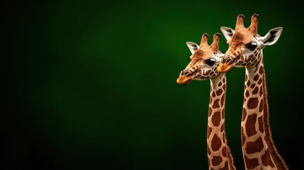 Obraz premium Two giraffes stand side by side, showcasing their distinctive long necks and spotted coats against a soft green background.
