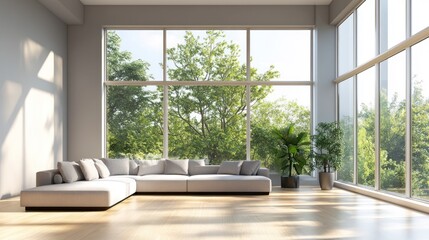 Fototapeta premium Modern Living Room With Large Windows and Lush Greenery Views